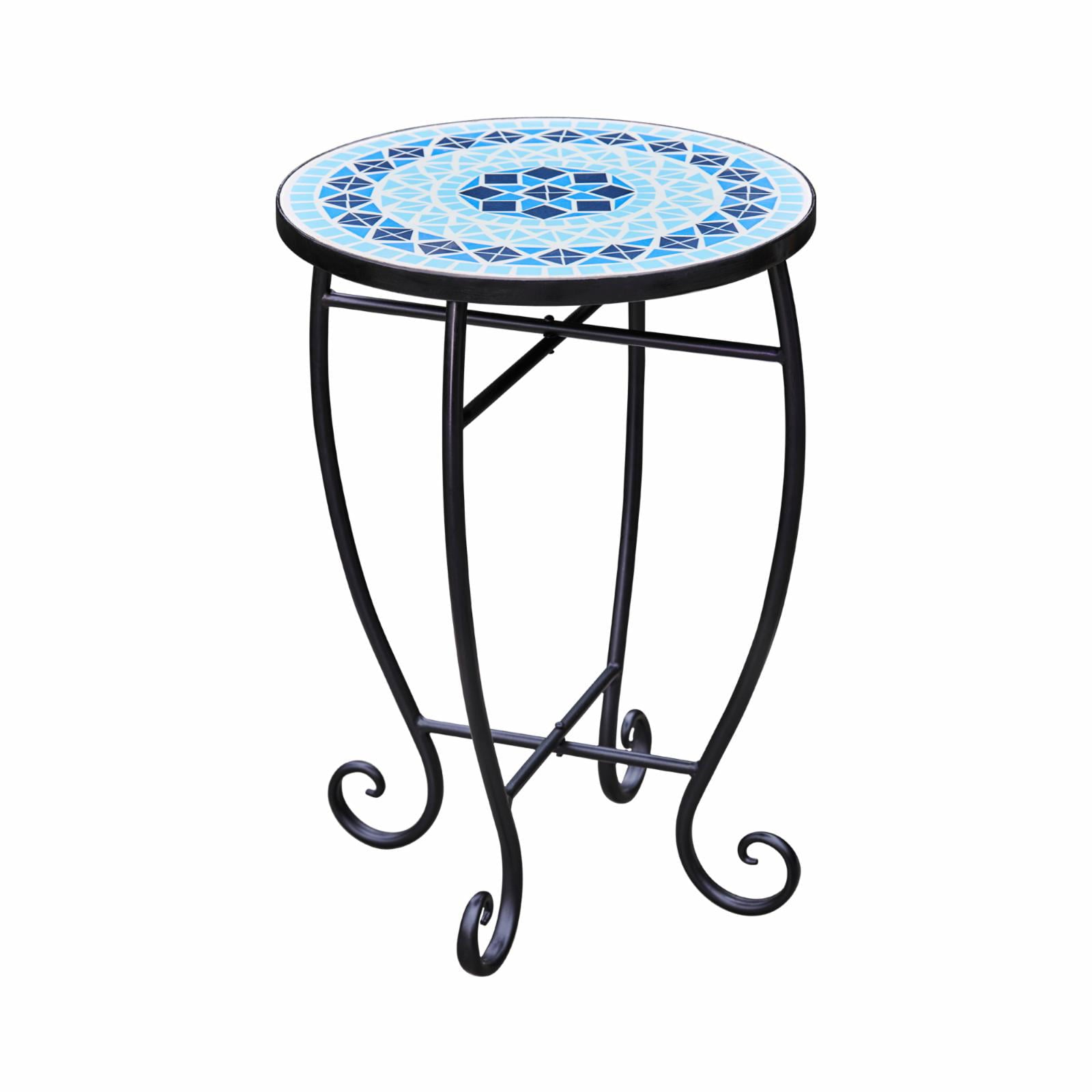 Teamson Home Small 14 in. Round Outdoor Mosaic Side Table Planter Stand, Blue