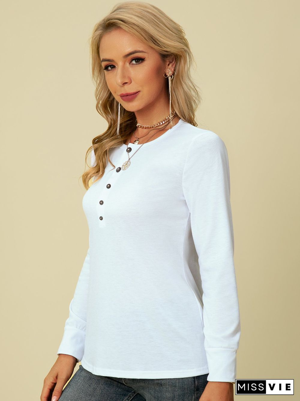 Solid Casual Long Sleeve V Neck Tops