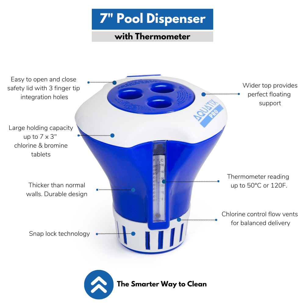 Aquatix Pro Pool & Spa Chlorine Floater Dispenser with Thermometer, 1"-3" Tablets, Blue