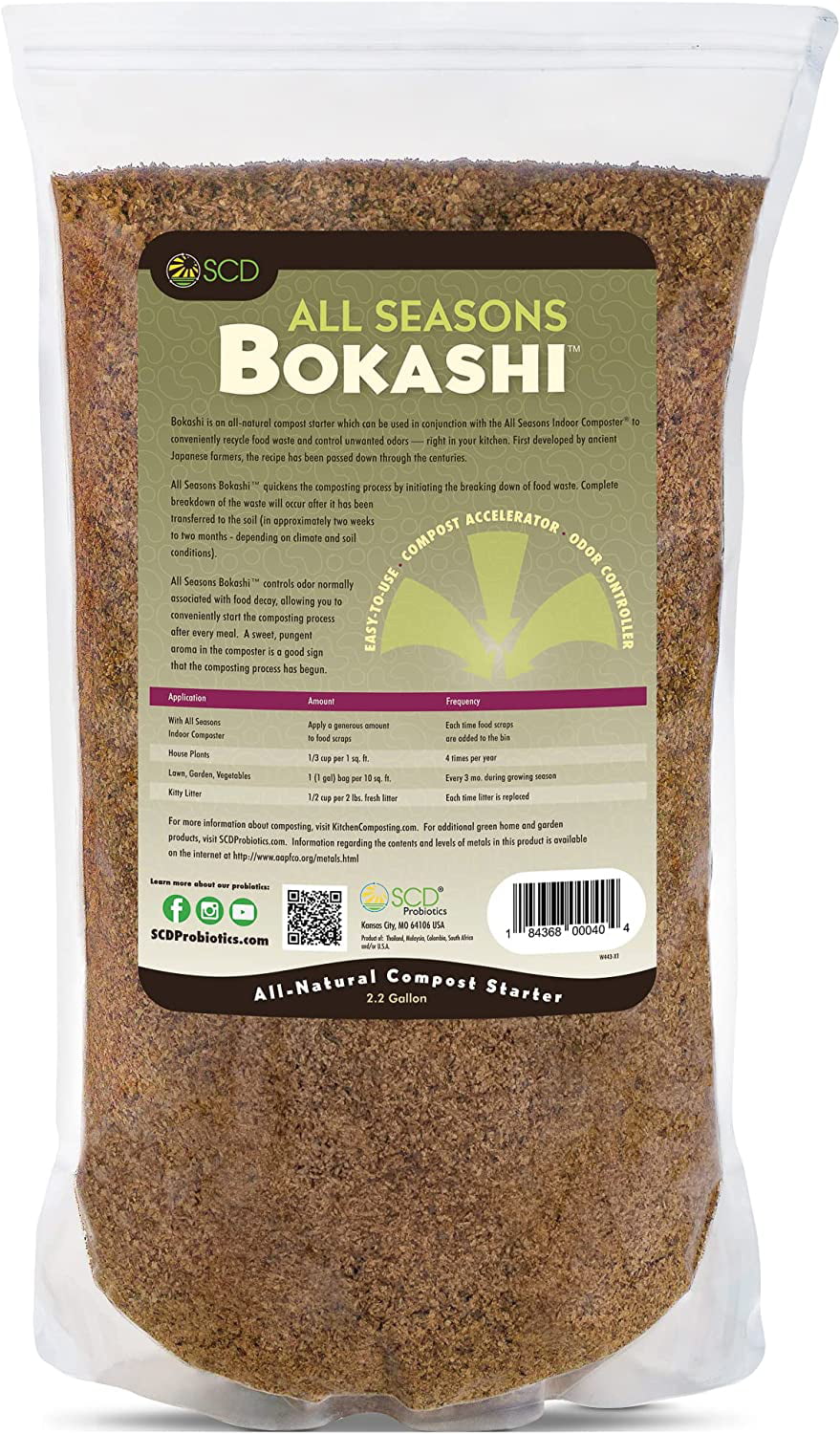 All Seasons Bokashi Compost Starter - Dry Bokashi Bran for Kitchen Compost Bin by SCD Probiotics - 2.2 Gallons, 5 Lbs.