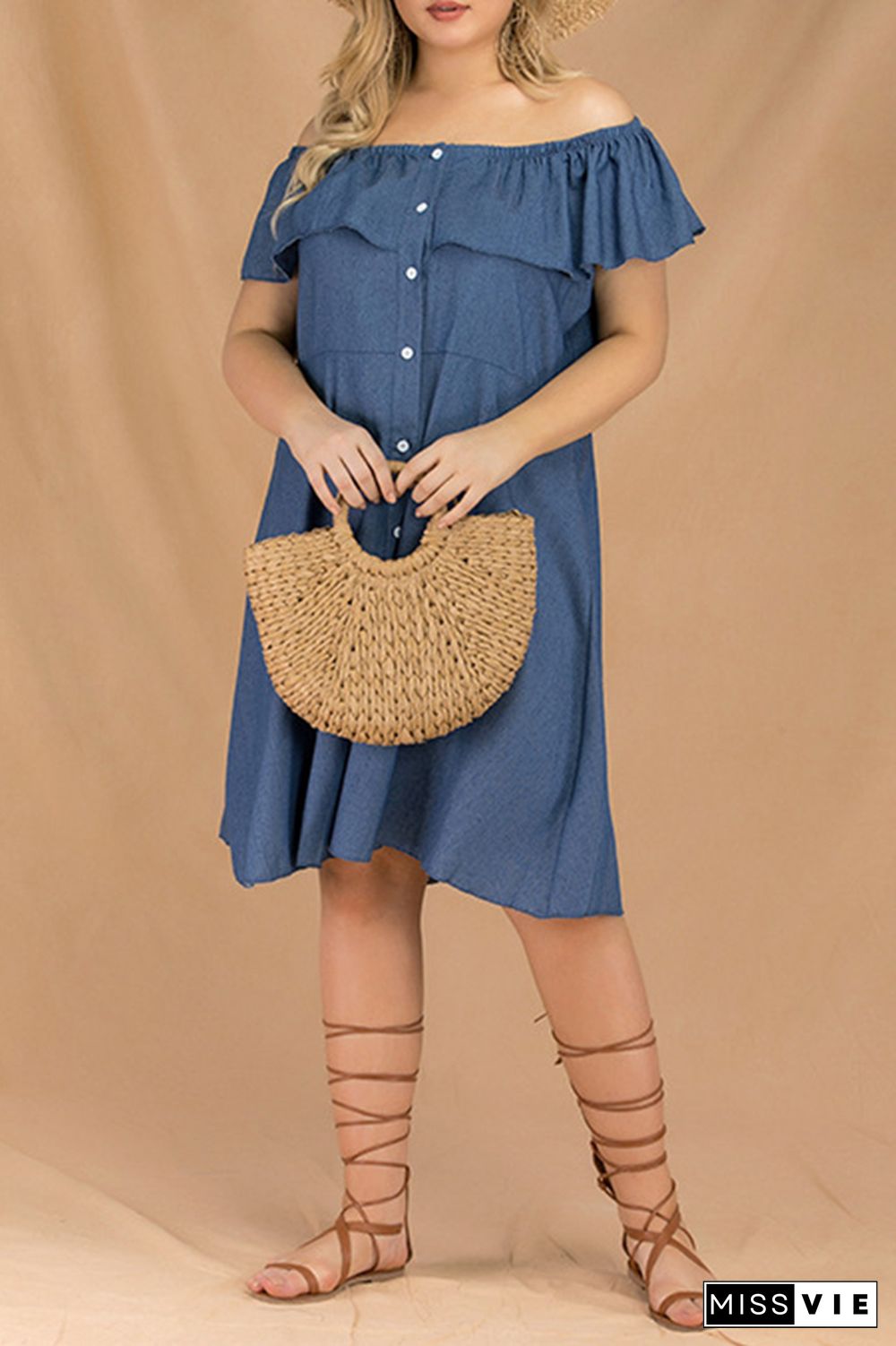 Off Shoulder Button Down Ruffle Denim Plus Size Dress Wholesale