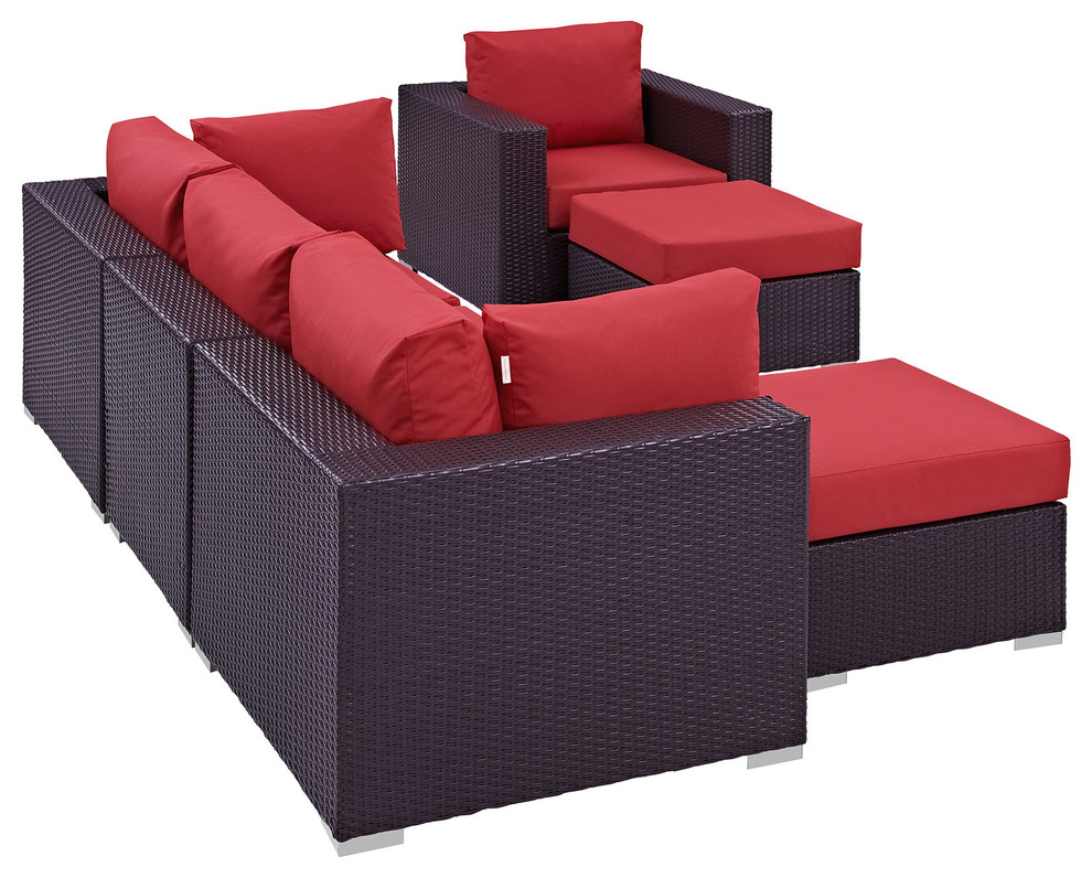 Convene 6 Piece Outdoor Patio Sectional Set  Espresso Red   Tropical   Outdoor Dining Sets   by Morning Design Group  Inc  Houzz