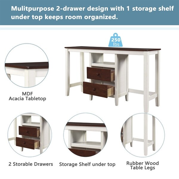 Farmhouse three-piece dining table with rustic counter height table， two drawers and two small place stools