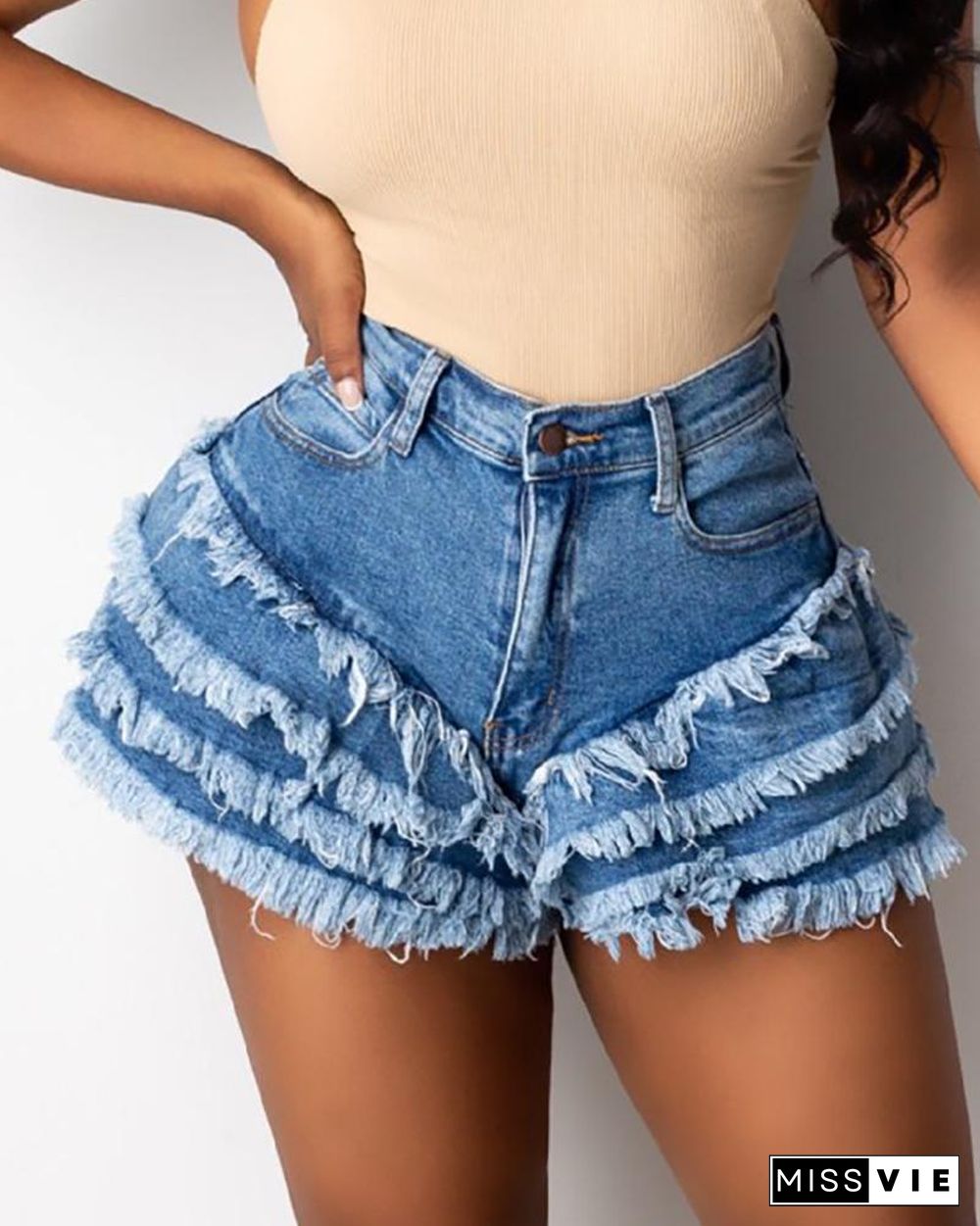 Fringe Hem Button Design High Waisted Denim Shorts