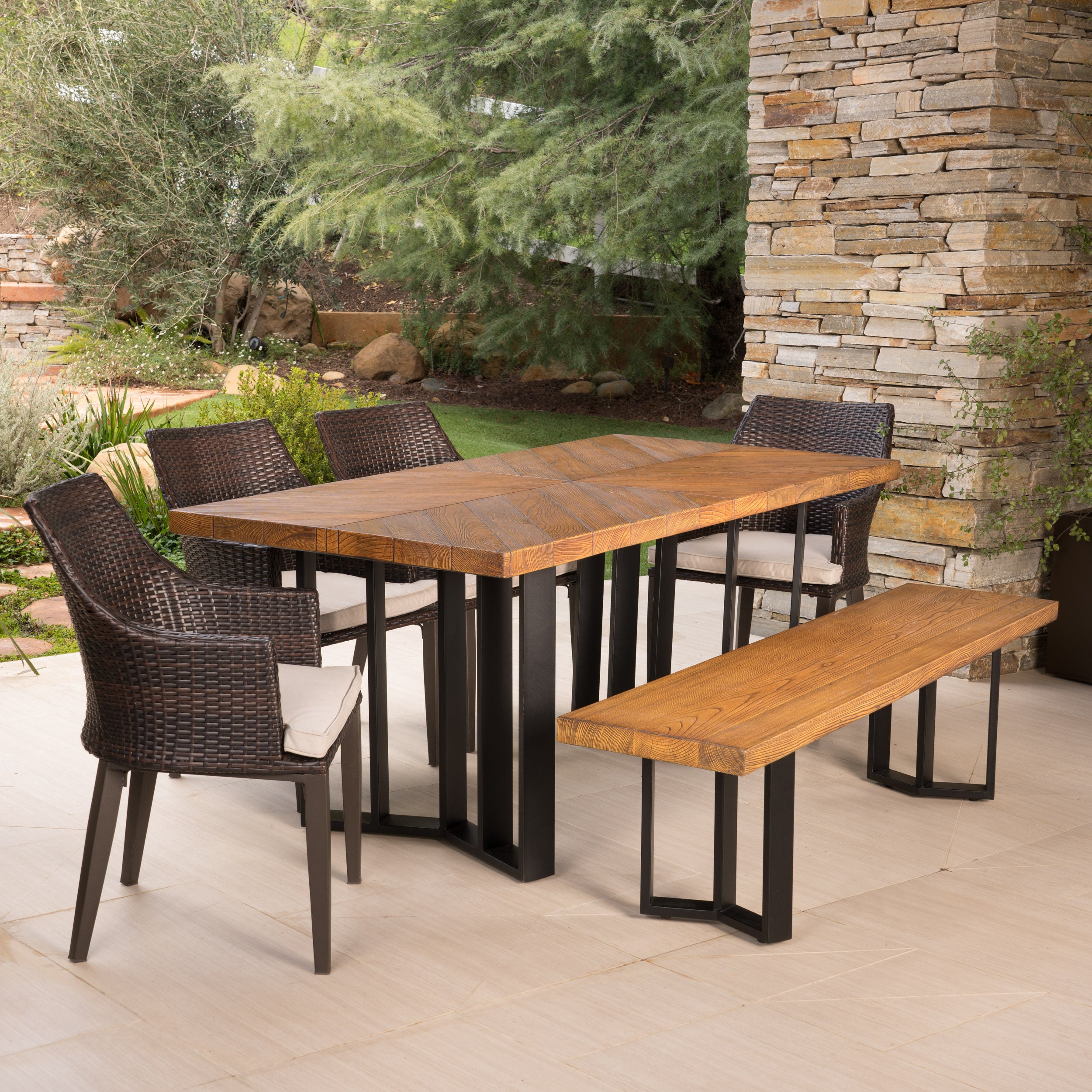 Valby Outdoor 6 Piece Wicker Dining Set with Concrete Dining Table and Bench