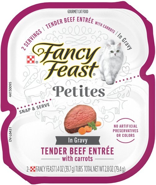 Purina Fancy Feast Gourmet Gravy Wet Cat Food， Petites Tender Beef With Carrots Entree， 2.8-oz tub， case of 12， 12 count