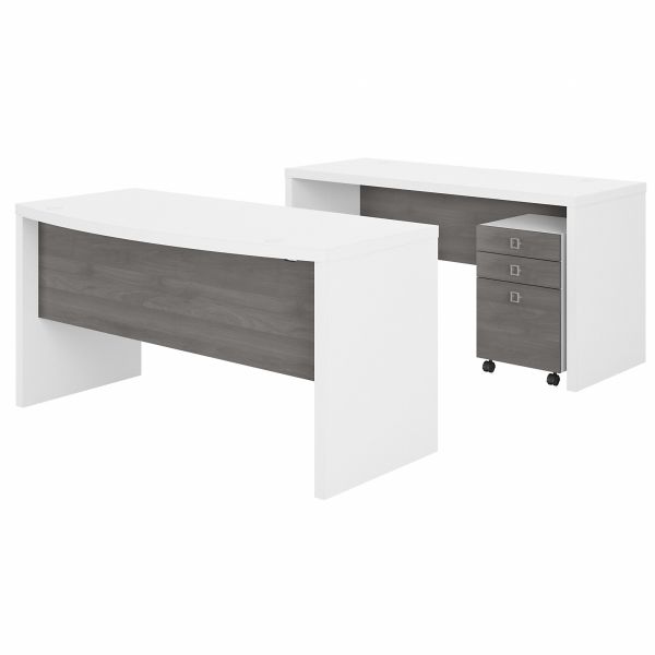 Office by kathy ireland Echo Bow Front Desk and Credenza with Mobile File Cabinet in Pure White and Modern Gray