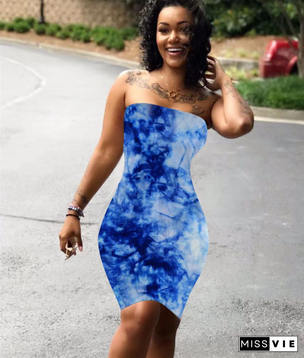 Tie Dye Print Bodycon Sexy Tube Midi Dress