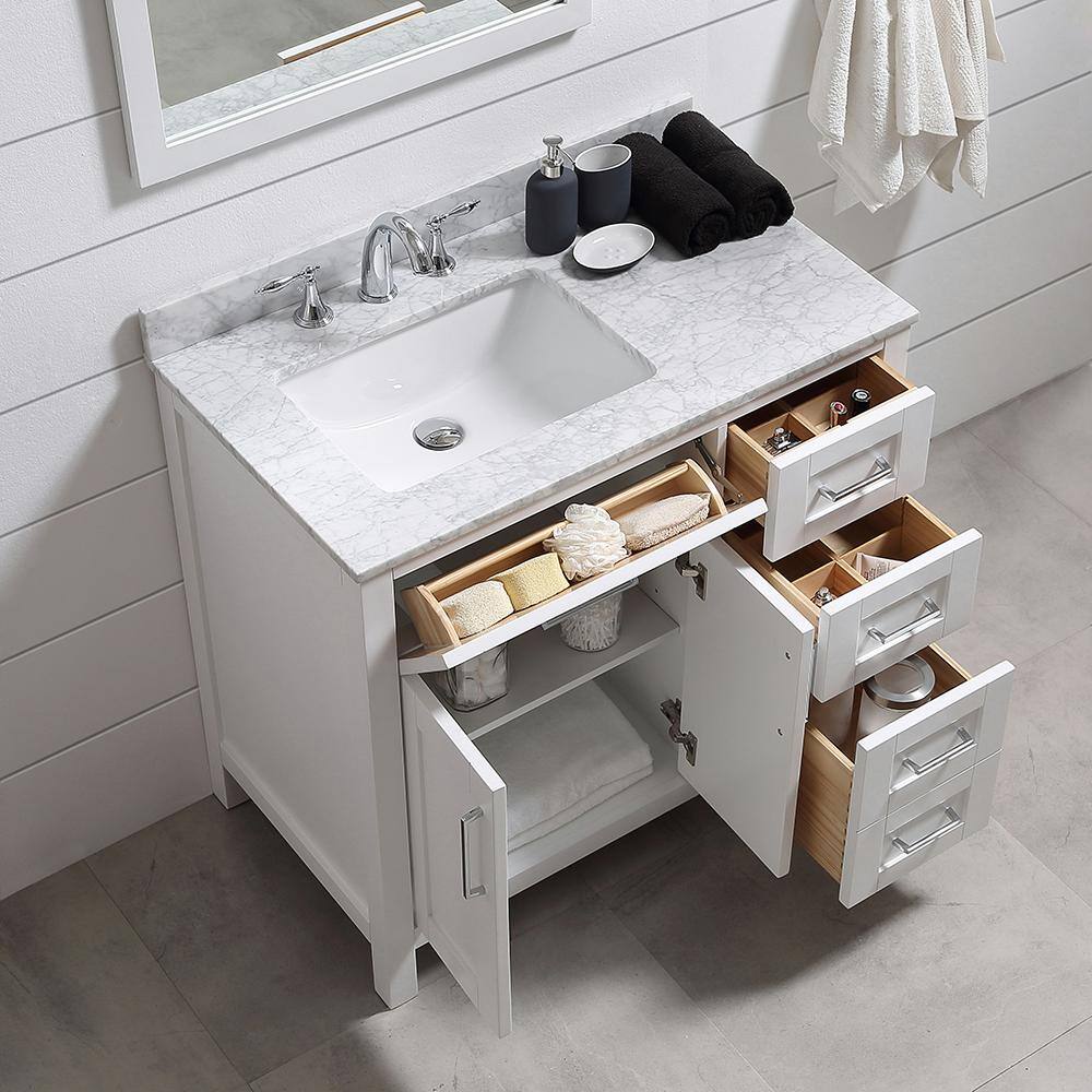 Home Decorators Collection Riverdale 36 in. W x 21 in. D Vanity in White with a Carrara Marble Vanity Top in White with white Sink Riverdale 36W