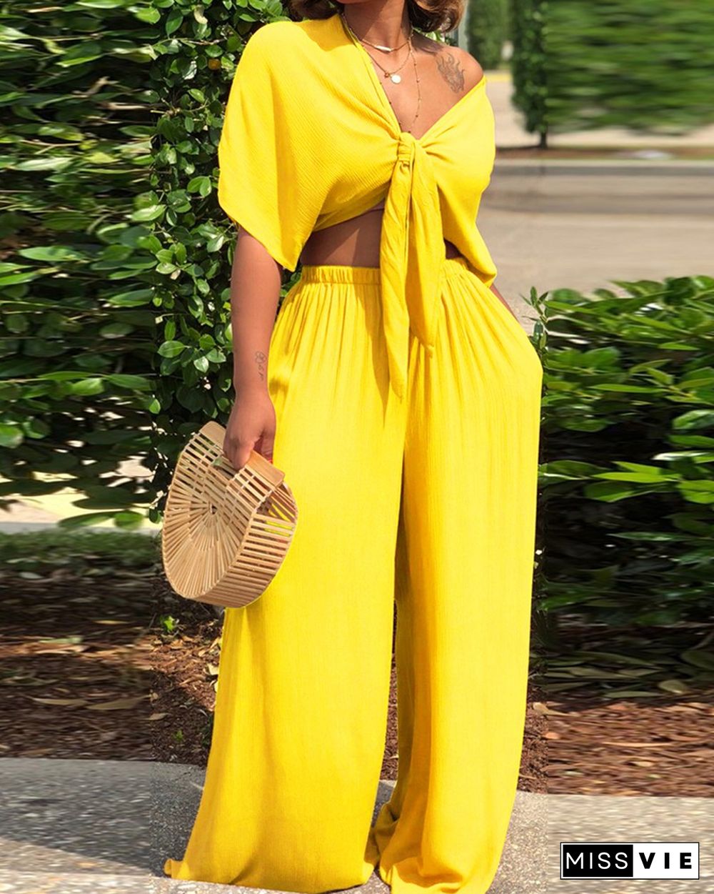 Solid Color Tie Front Crop Top & Wide Leg Pants Set