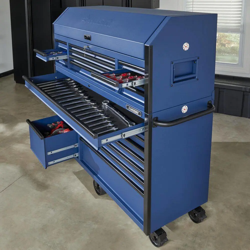 Husky 56 in. W x 22 in. D Heavy Duty 23-Drawer Combination Rolling Tool Chest and Top Tool Cabinet Set in Matte Blue HOTC5623BL2S