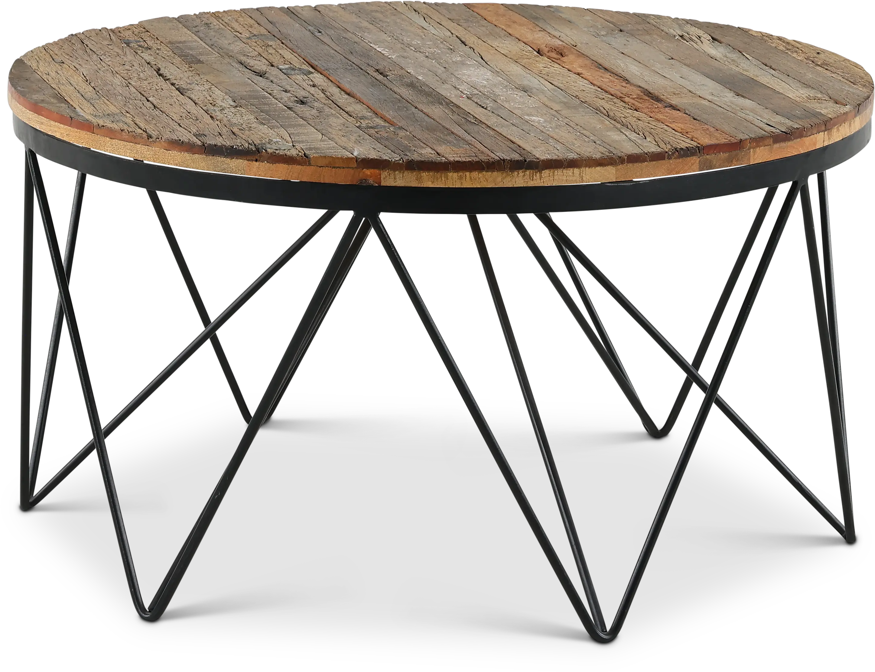 Aubrey Reclaimed Wood Round Coffee Table with Hairpin Metal Legs