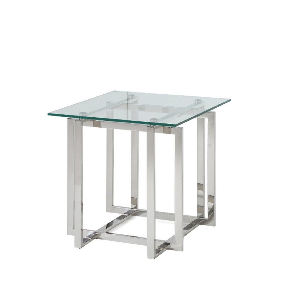 Cid 22 Inch Modern End Table， Glass Top， Intersected Steel Base， Chrome - 22L x 22W x 22H， Inches