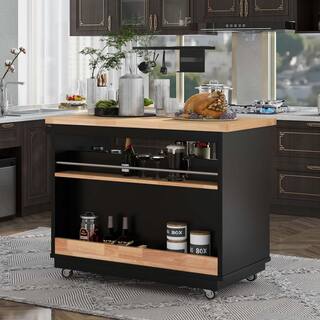 Whatseaso 46 in. Black New Design Kitchen Island with 2-Drawers and Tableware Cabinet LNN-K110501887