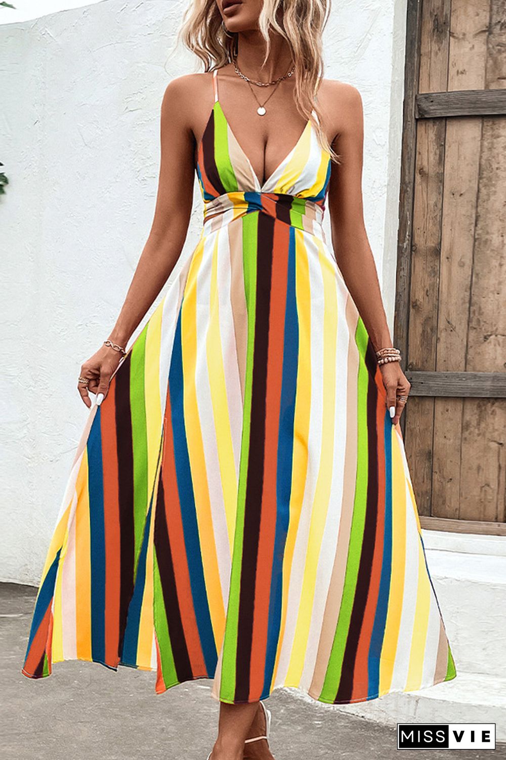 Multicolor Striped V Neck Spaghetti Strap Backless Maxi Dress