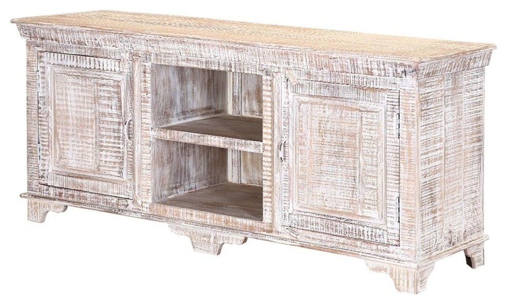 Winter White Farmhouse Mango Wood 59 quotAccent Media Console Cabinet   Farmhouse   Entertainment Centers And Tv Stands   by Sierra Living Concepts Inc  Houzz