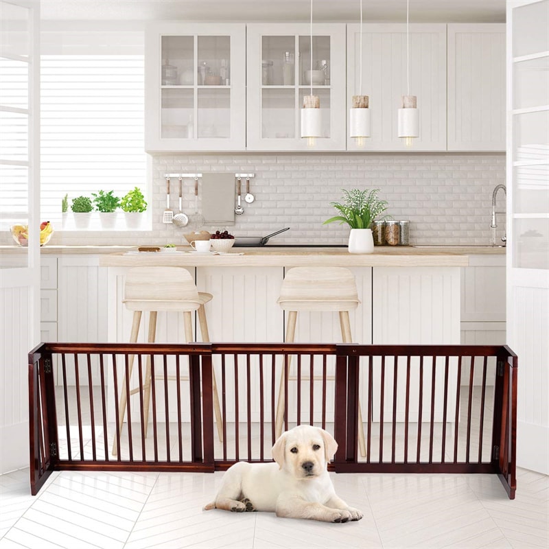 Freestanding Pet Gate Expandable Wood Dog Gate 28''- 80'' Adjustable Step Over Pet Fence for Indoor