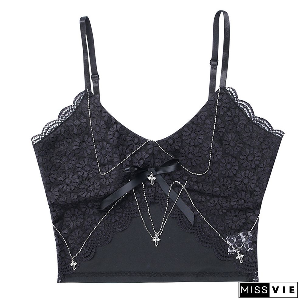 Lace Crop Top Summer Gothic Women V Neck Camisole With Bow Punk Style T Shirts Vest Dark Academia Clothes Streetwear