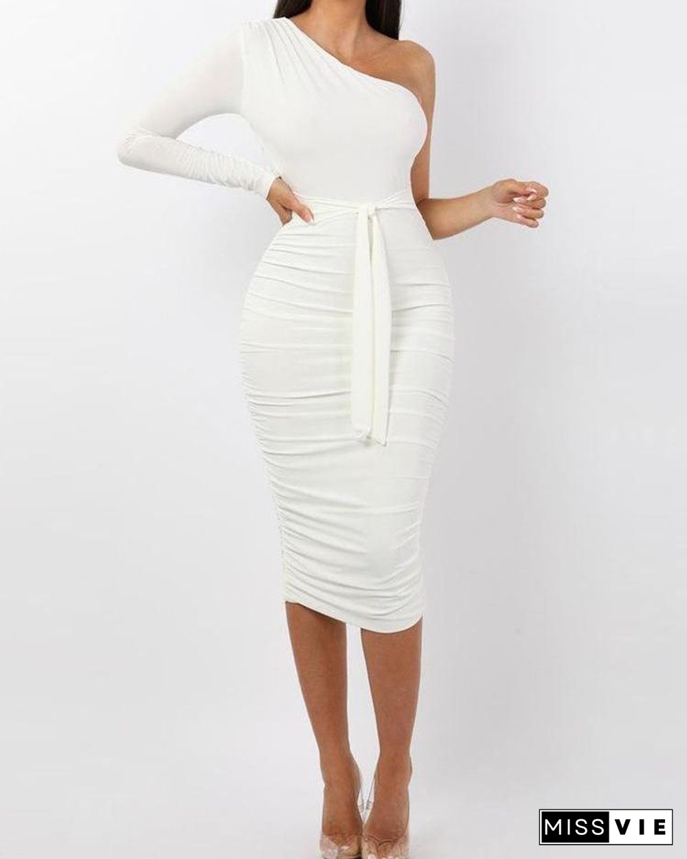 One Shoulder Ruched Design Bodycon Dress White Dresses