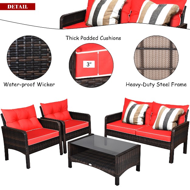 Costway 4pcs Patio Rattan Furniture Set Loveseat Sofa Coffee Table Garden W red Cushion