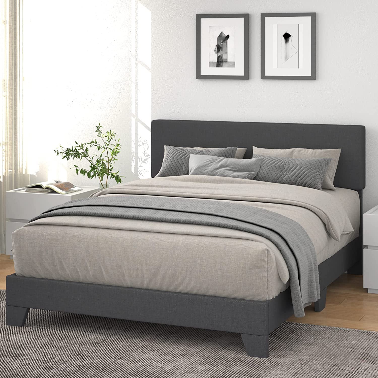 Allewie Queen Platform Bed Frame with Upholstered Adjustable Fabric Headboard, Dark Grey