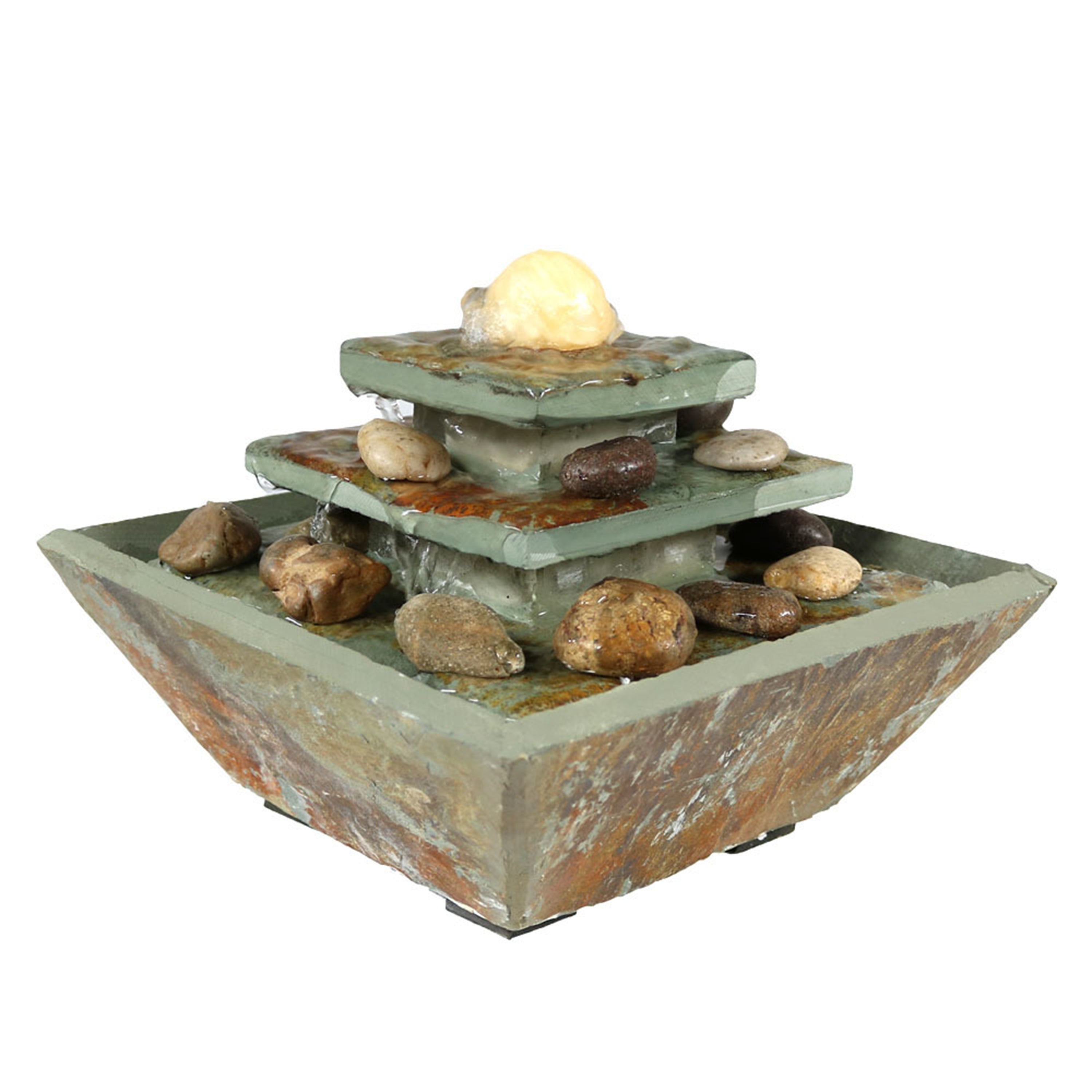 Sunnydaze Indoor Home Office Slate and Polished Stone Ball Tiered Tabletop Water Fountain with LED Light - 8