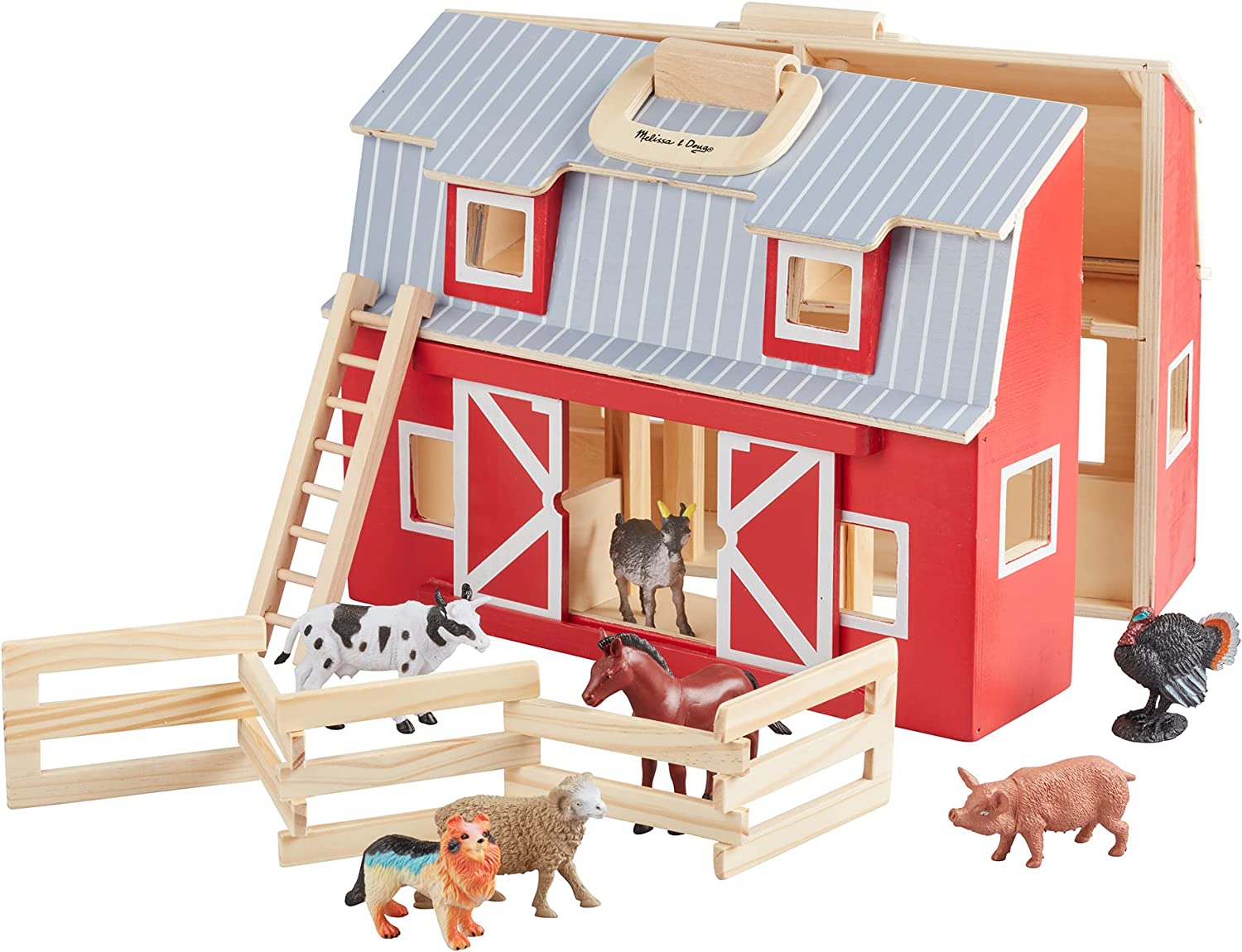 Melissa and Doug Fold and Go Wooden Barn With 7 Animal Play Figures - Farm Animals Barn Toy， Portable Toys， Farm Toys For Kids And Toddlers Ages 3+