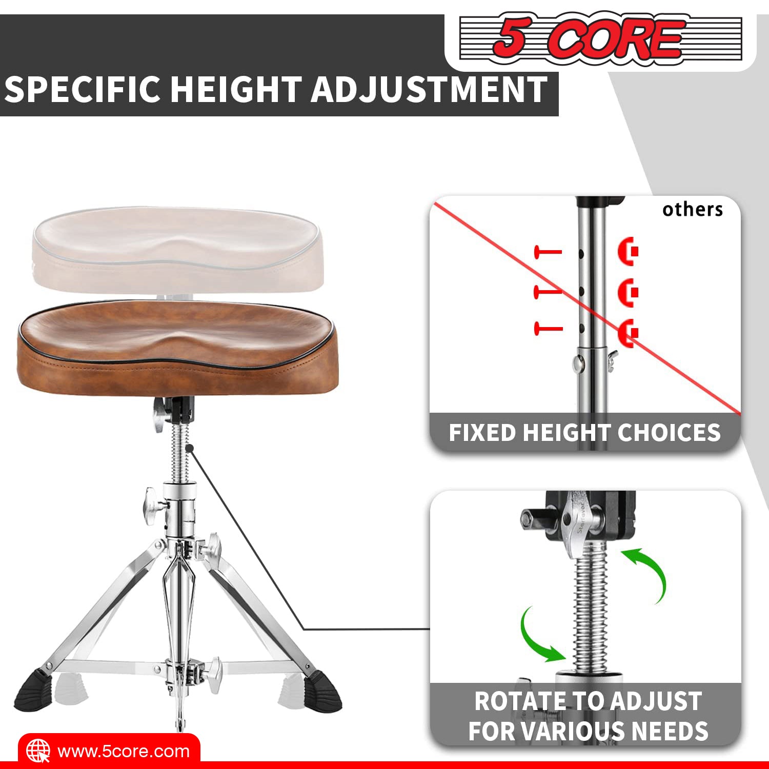 5 Core Drum Throne Saddle Brown| Height Adjustable Padded Comfortable Drum Seat| Stools Chair Style with Double Braced Anti-Slip Feet, Comfortable Seat for Drummers, Guitar Players- DS CH BR SDL