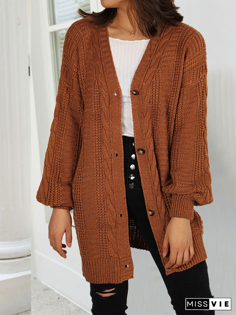 Solid Color V-neck Lantern Sleeve Cardigan Sweater