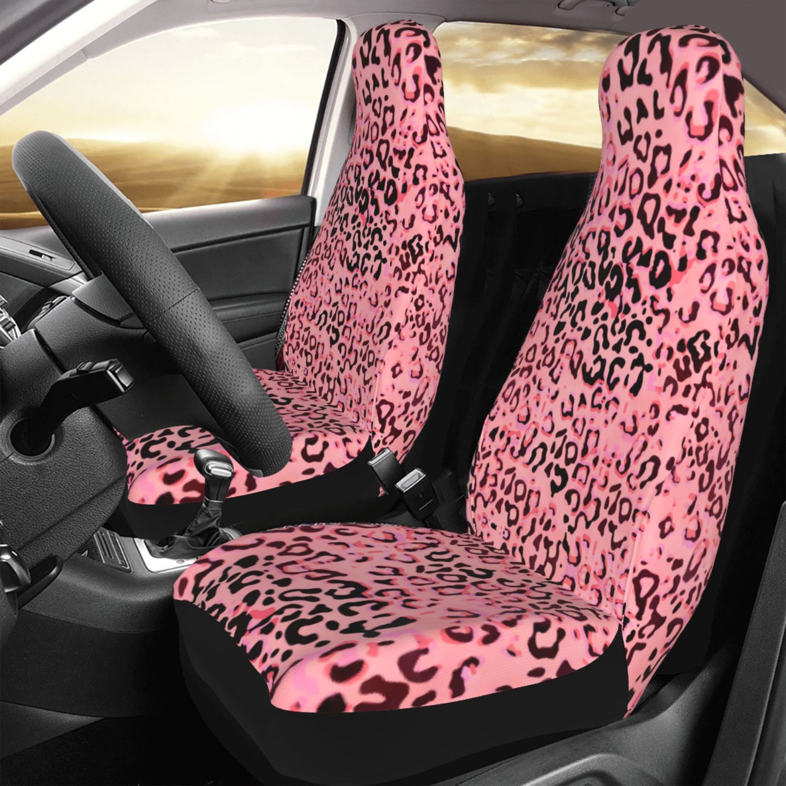 TEQUAN Front Seat Covers， Animal Leopard Print Pink Pattern 2 Piece Car Seat Cover Fit Most Car SUV Truck Van