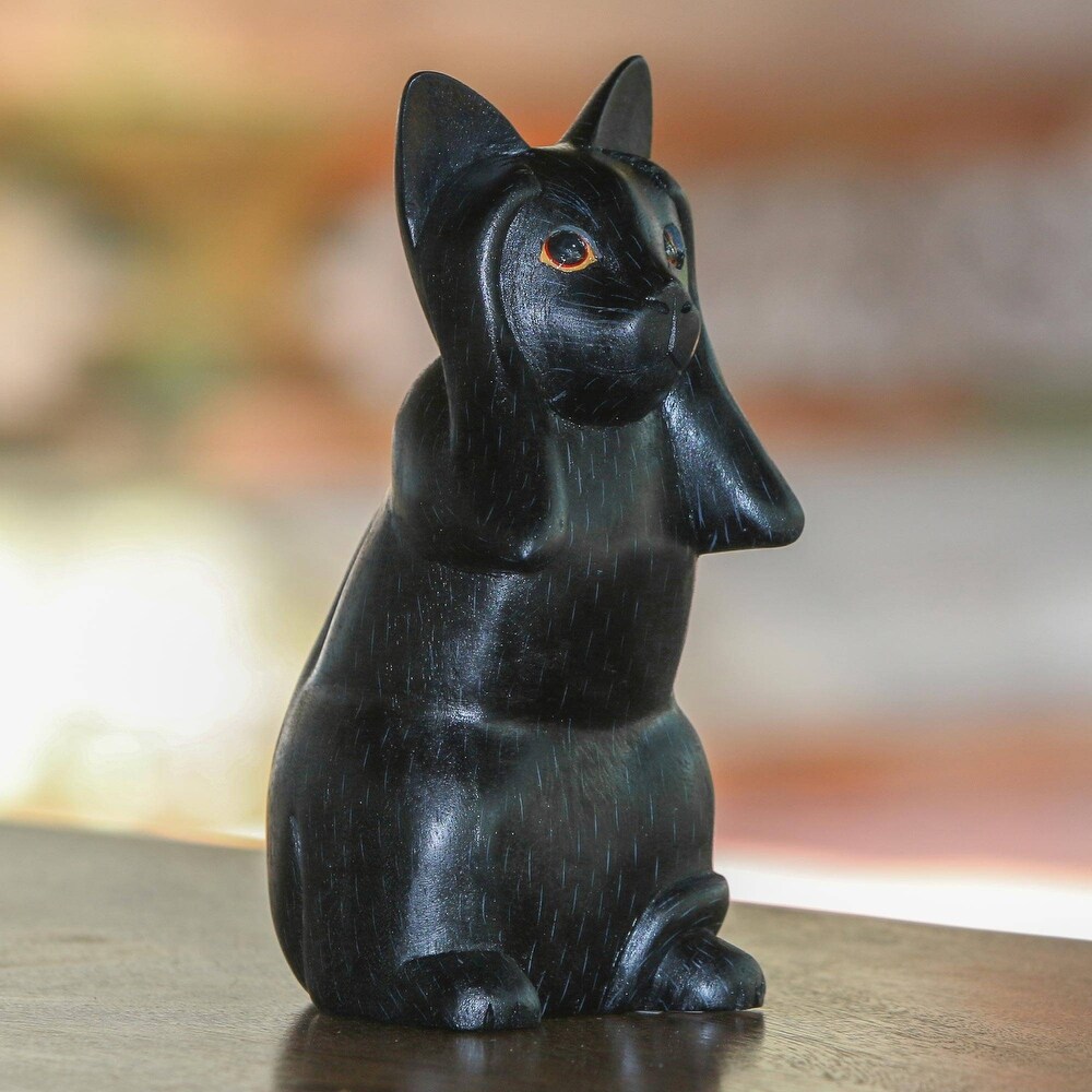 Novica Handmade Kitty Hears No Evil Wood Sculpture