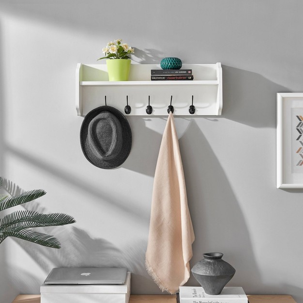 X 9 quot Entryway Floating Utility Wall Shelf With Hooks White Danya B