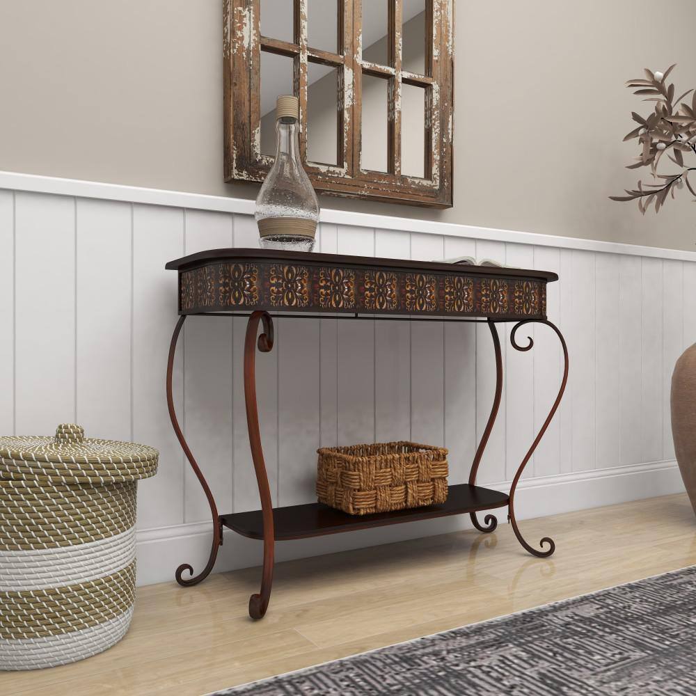 Litton Lane 43 in. Brown Extra Large Rectangle Metal Embossed 1 Shelf Floral Console Table with Ornate Scroll Legs 74362