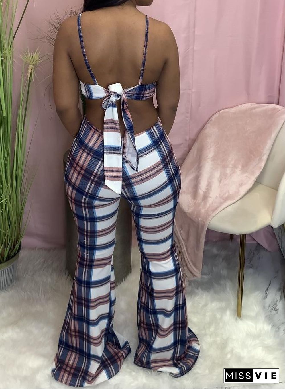 Plaid Printed V Neck Cut Out Sleeveless Flared Halter Jumpsuits