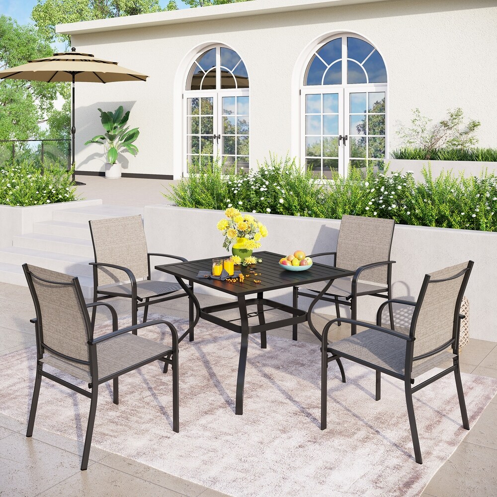 5 Piece Patio Dining Set  37 Inch Square Metal Table and 4 Textilene Dining Chairs