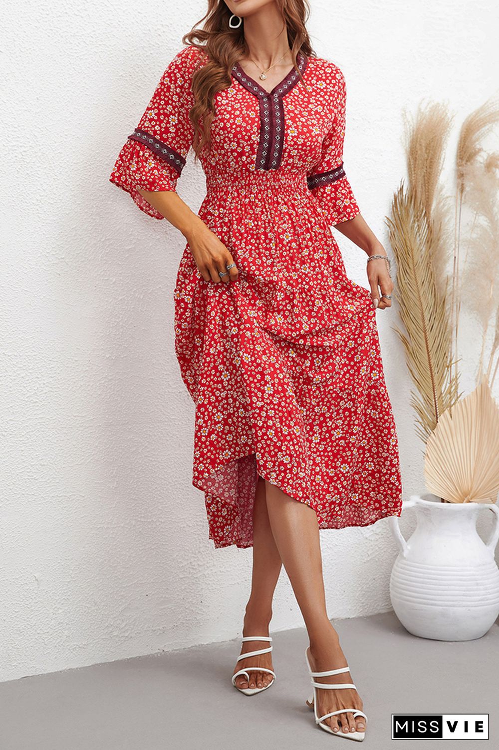 Half Sleeve Sunflower Print Patckwork Dress