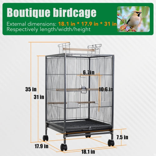 Furinno Wrought Iron Bird Cage with Rolling Stand， 35 inch， Black， Top Open Bird Cage