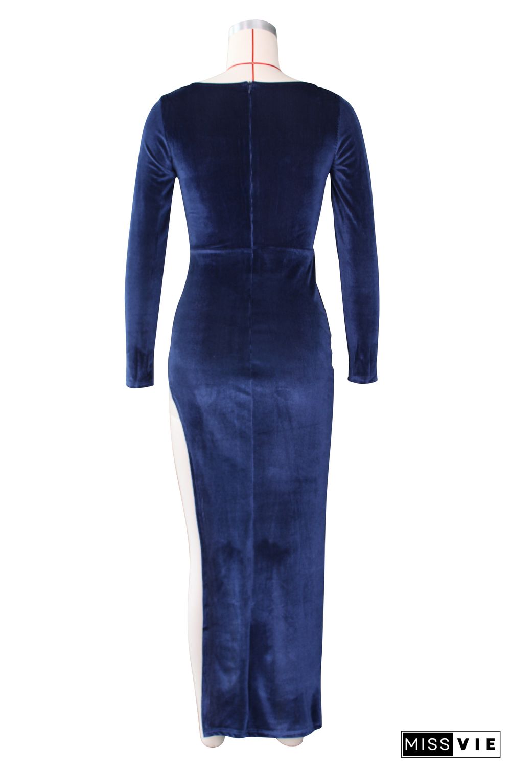 Velvet Long Sleeve High Slit Evening Dress