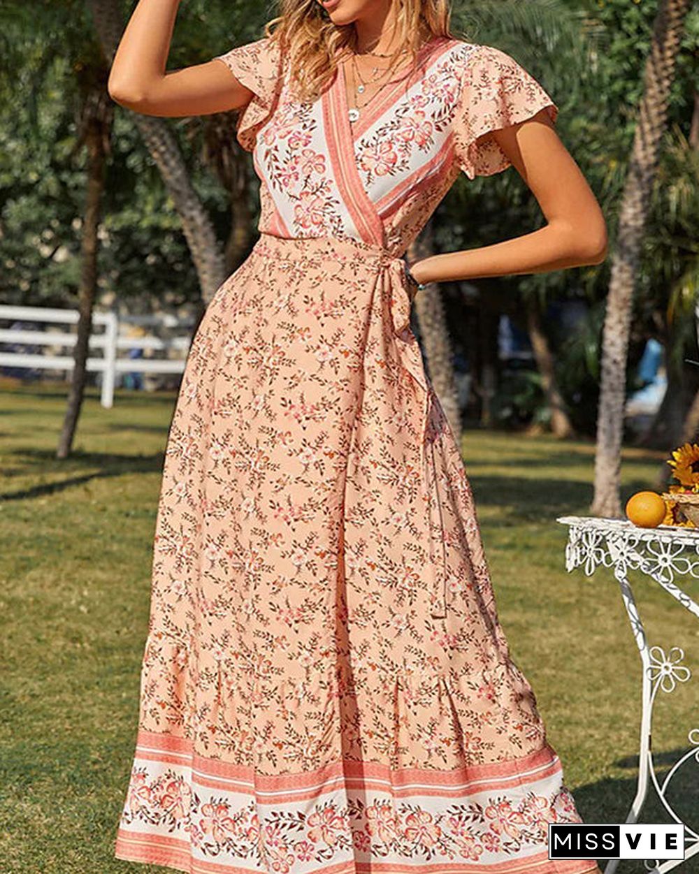 Casual Vintage Boho V-Neck Print Dress