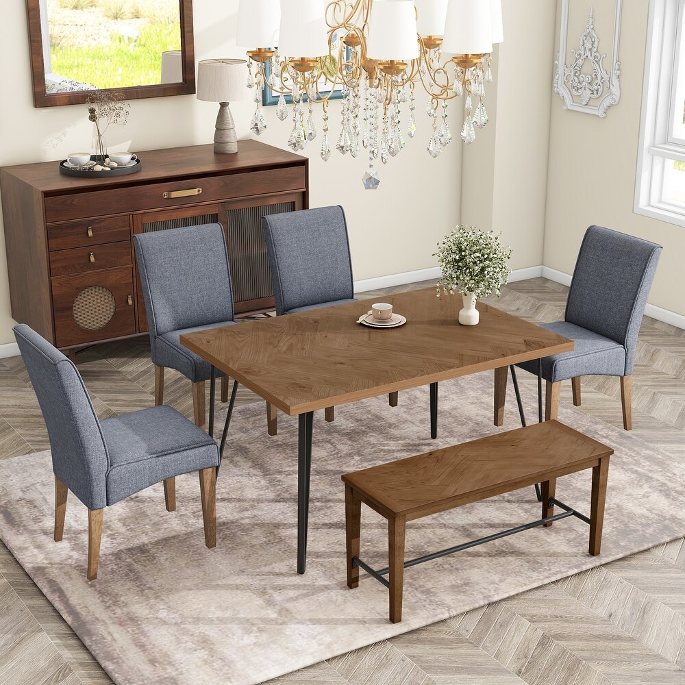 6 Piece Rectangular Dining Table Set w/Upholstered Chairs   Bench