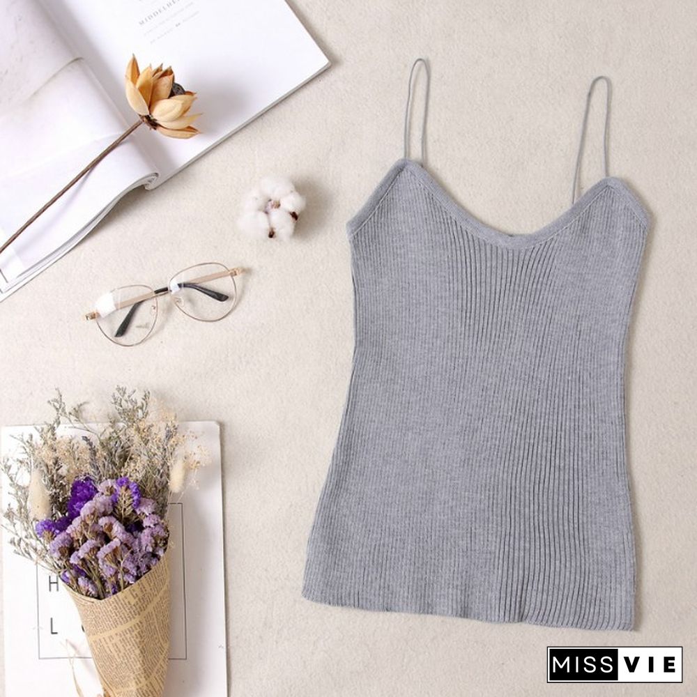 Women Knitted Tank Tops Sexy Spaghetti Strap Stretch Cropped Tops Striped Knit Camisole One Size Hot Sale Wdc4755