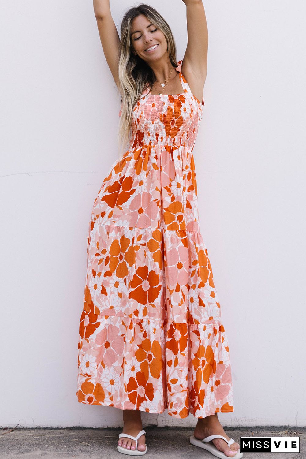 Orange Shirred Lace-up Strap Sleeveless Floral Maxi Dress