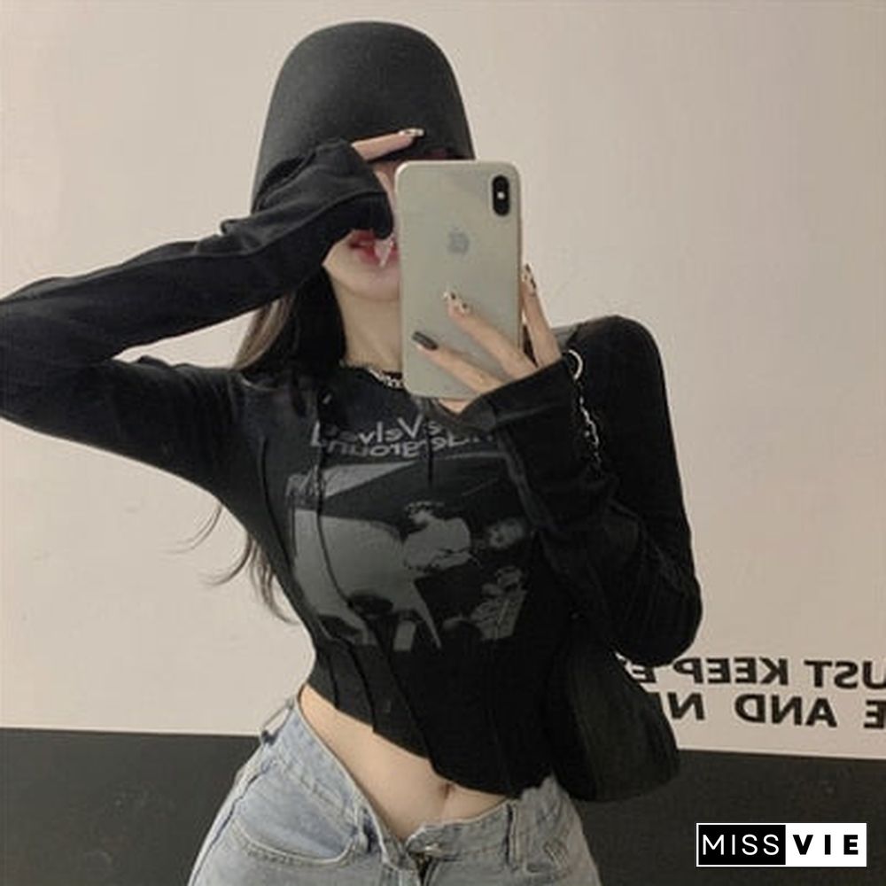 Yedinas Casual Slim T-shirt For Women O Neck Long Sleeve Sexy Crop Top Grunge Letters Print Female Korean Fashion Clothing