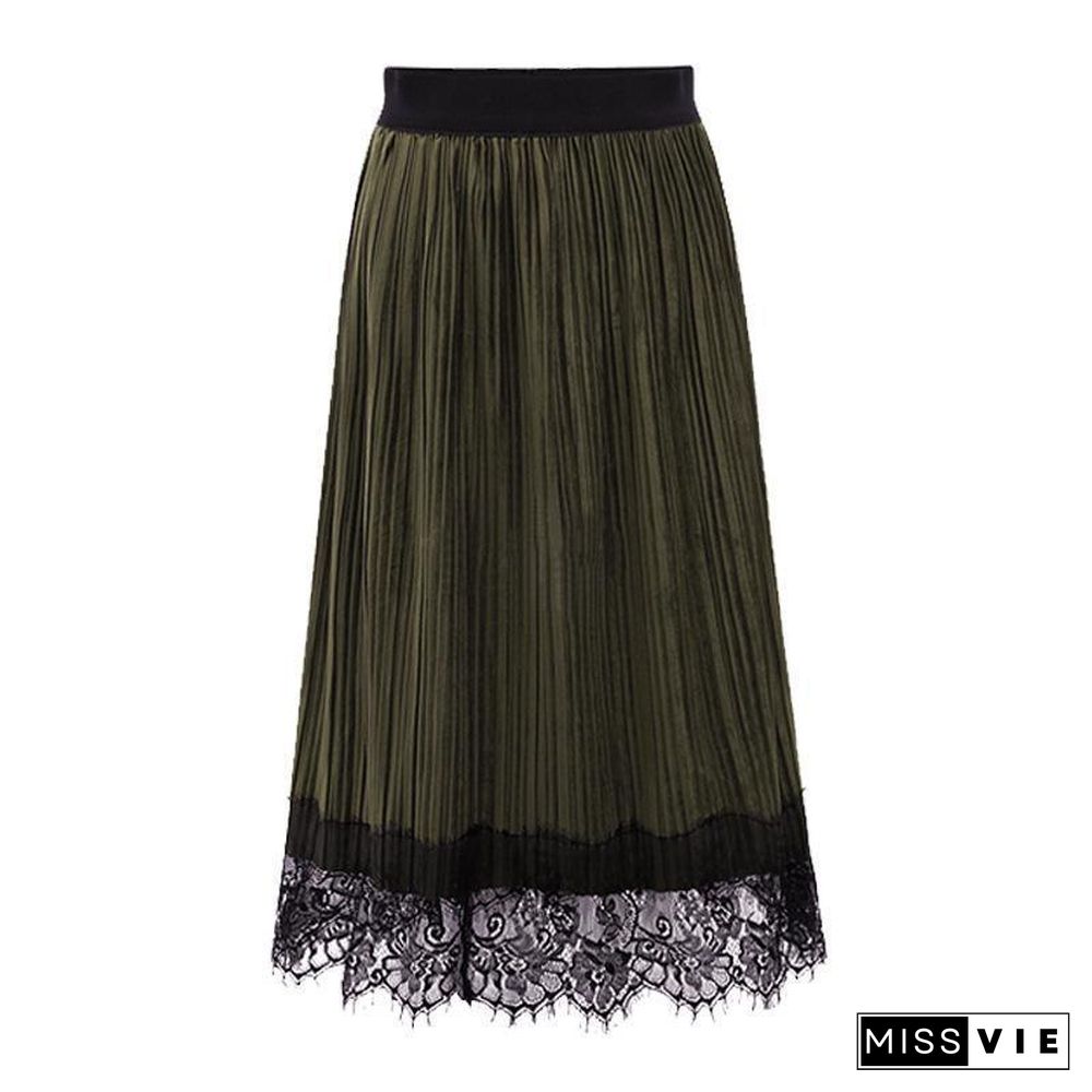 Fashion Pleated Lace Joint Velvet Skirt