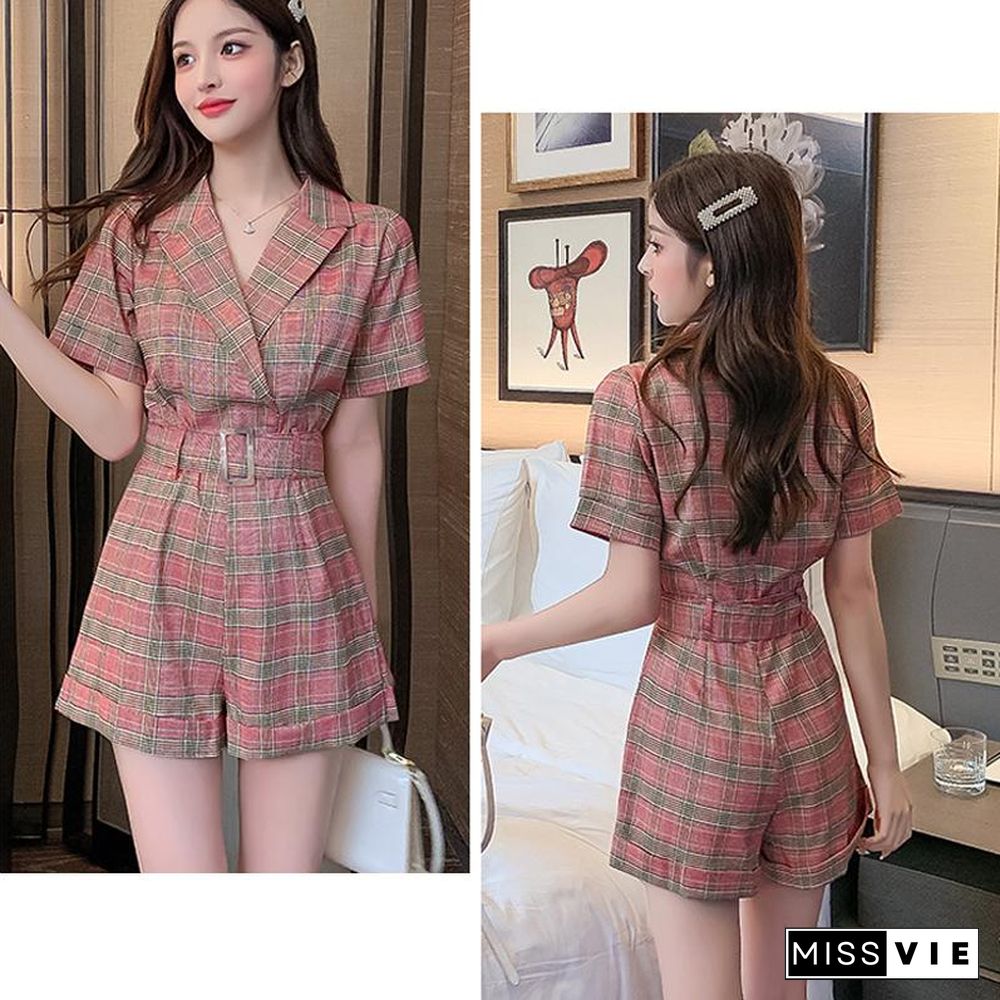 Vintage Plaid V-Collar Belt Rompers P16192