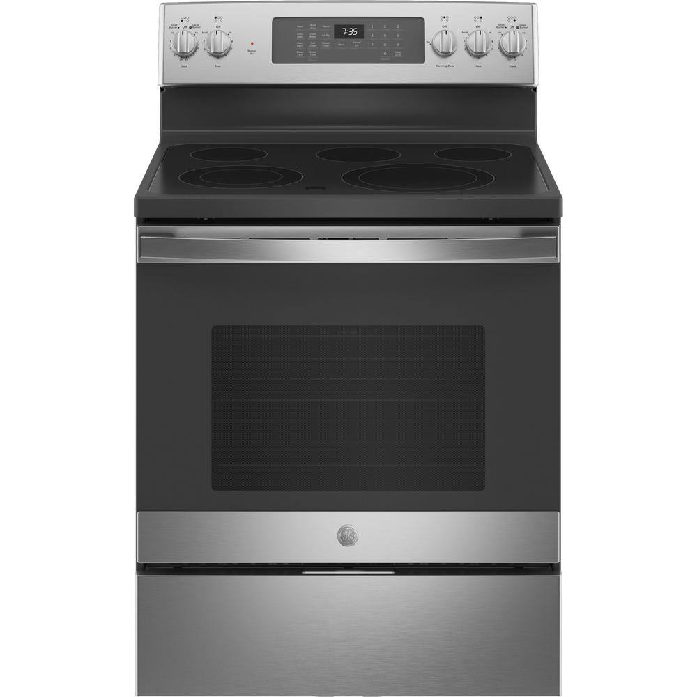 GE 30 in. 5.3 cu. ft. Freestanding Electric Range in Stainless Steel with Convection Air Fry Cooking JB735SPSS