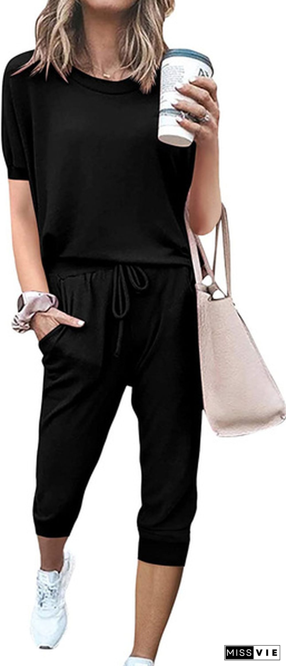 Women’S Solid Color Two Piece Outfit Short Sleeve Crewneck Pullover Tops And Drawstring Shorts Tracksuits