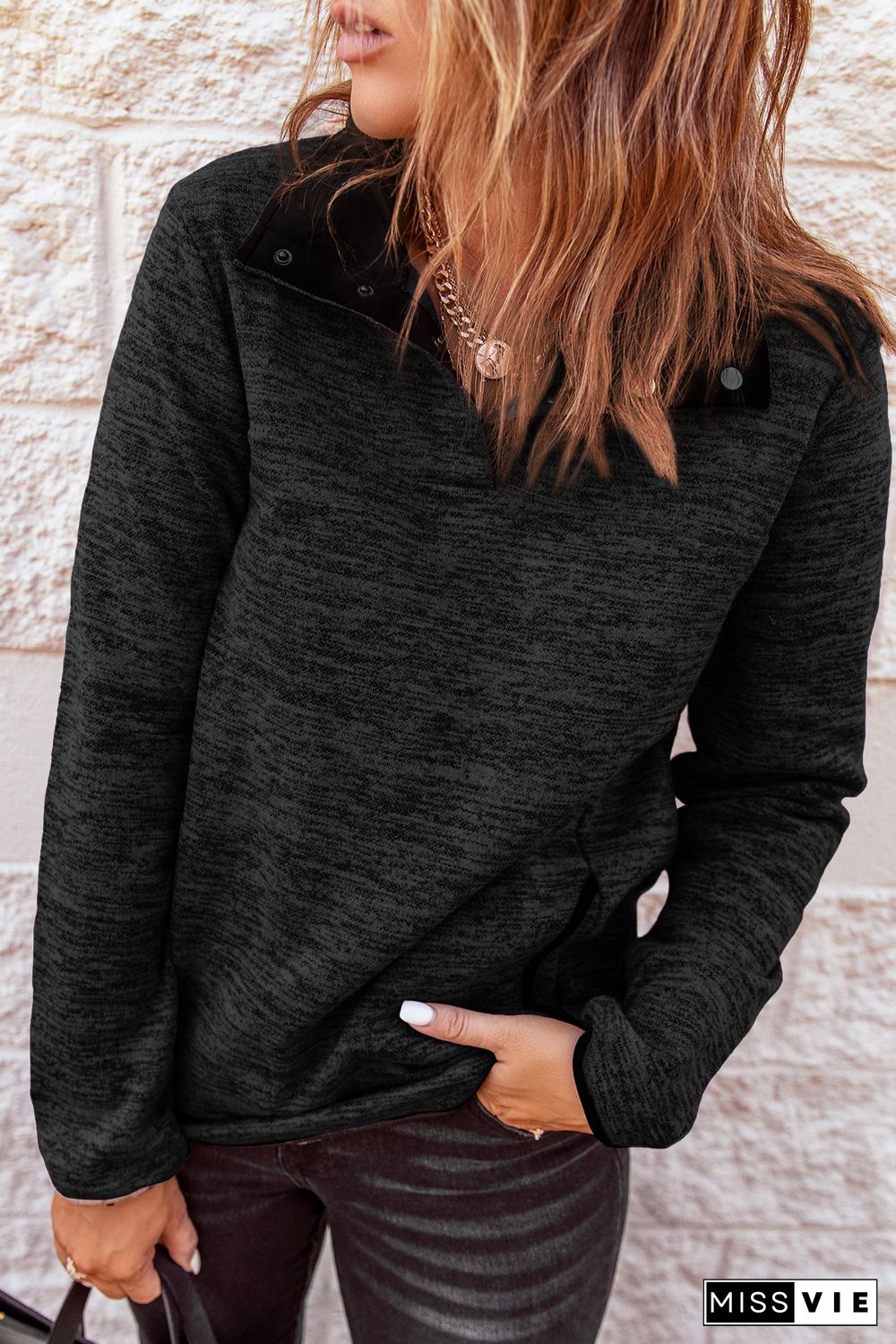 Black Heathered Turn-down Collar Pullover Sweatshirt