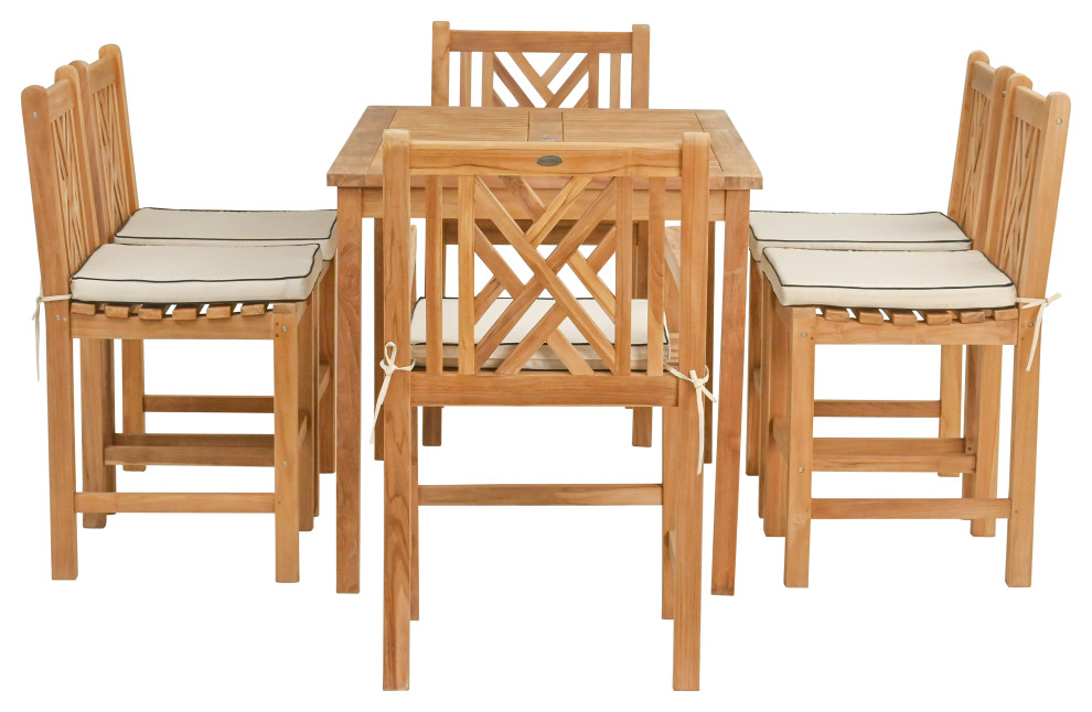 7 Piece Teak Chippendale 55 quotRect Bistro Counter Set  2 Arm and 4 Side Stools   Transitional   Outdoor Pub And Bistro Sets   by Chic Teak  Houzz