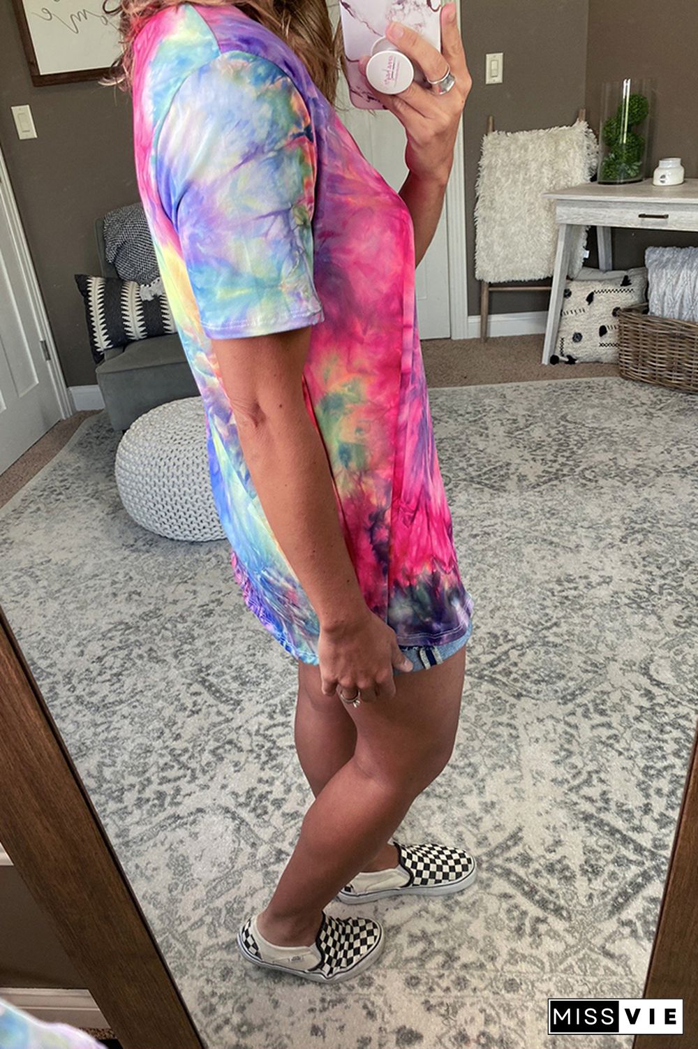 Summer Tie Dye Printed V-neck Short Sleeve T-shirt